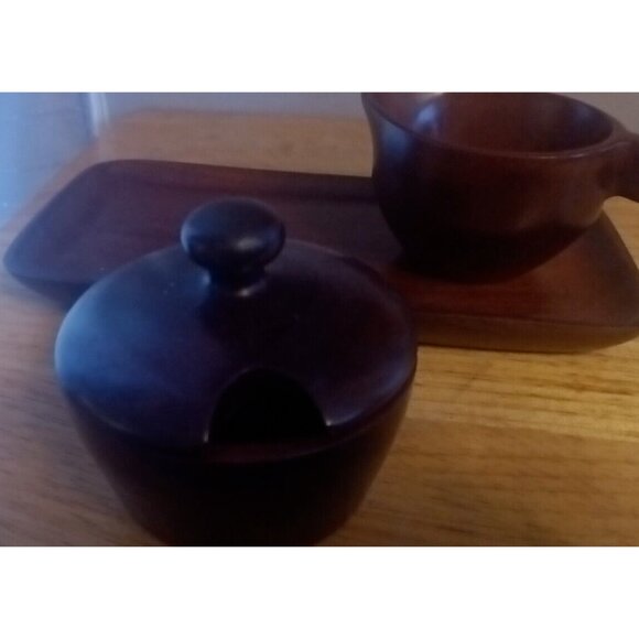 Wooden Cream Sugar Set with Tray Mahogany Hand Made Haiti NO SPOON - Picture 2 of 4